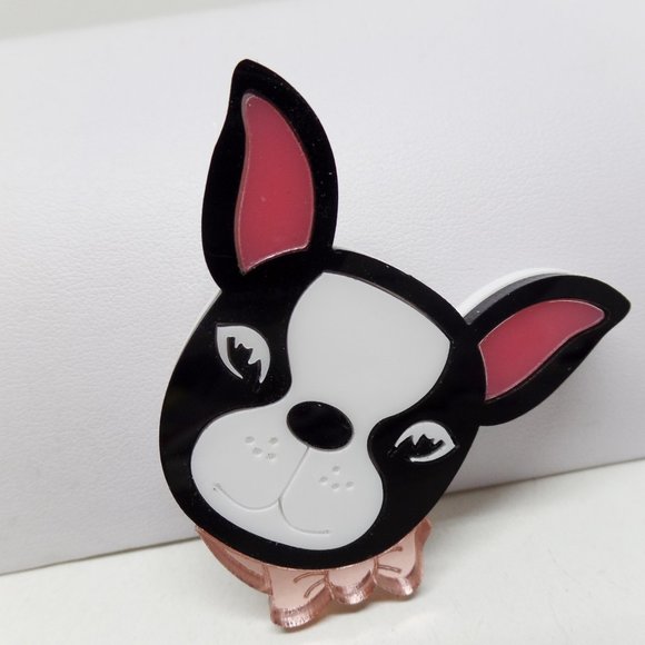 Adorable Acrylic French Bulldog w.Pink Bow Brooch - Picture 1 of 3